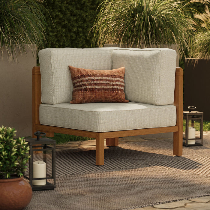 Modway Kona Outdoor Teak Wood Corner Modular Chair in Sand - lifestyle view 13