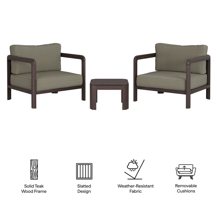 Modway Kona 3-Piece Outdoor Teak Wood Furniture Set in Ash - dimensions and specifications