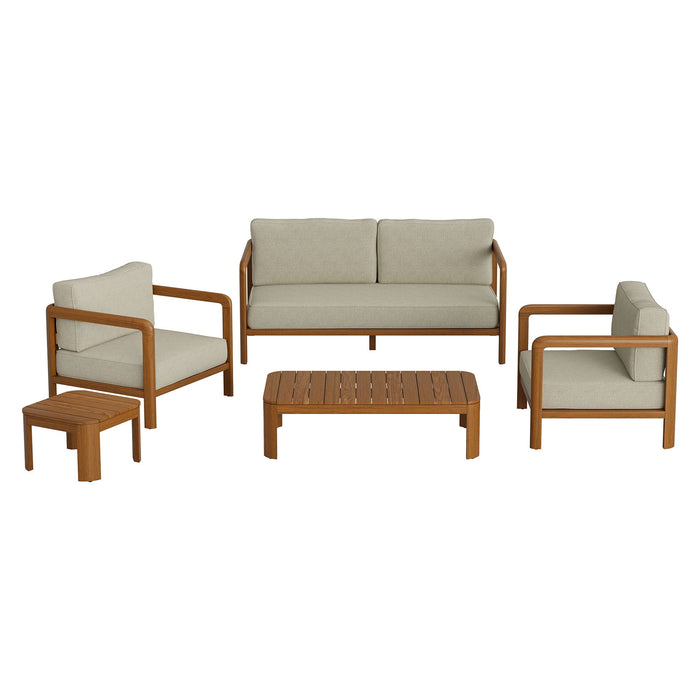 Modway Kona 5-Piece Outdoor Teak Wood Furniture Set in Sand - front view