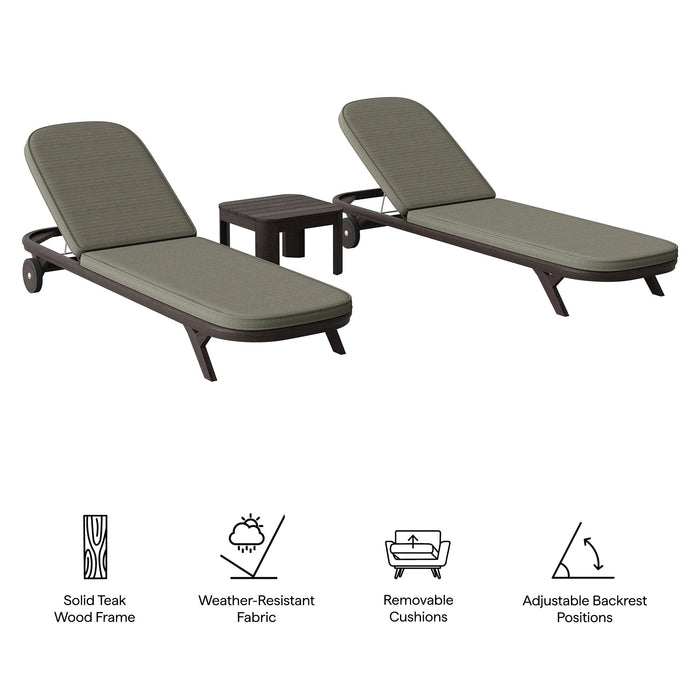 Modway Kona 3-Piece Outdoor Teak Wood Chaise Lounge Set in Ash - dimensions and specifications