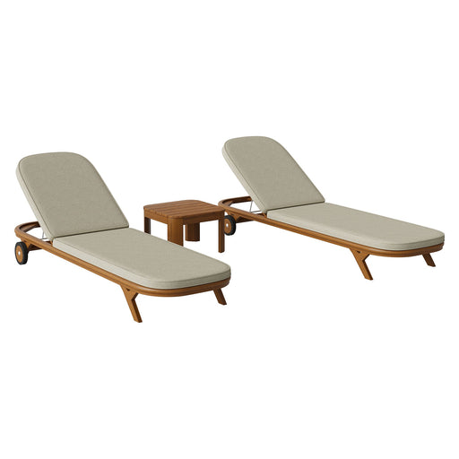 Modway Kona 3-Piece Outdoor Teak Wood Chaise Lounge Set in Sand - front view