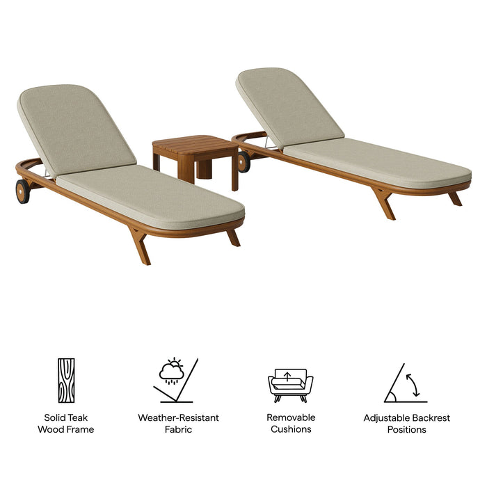 Modway Kona 3-Piece Outdoor Teak Wood Chaise Lounge Set in Sand - dimensions and specifications