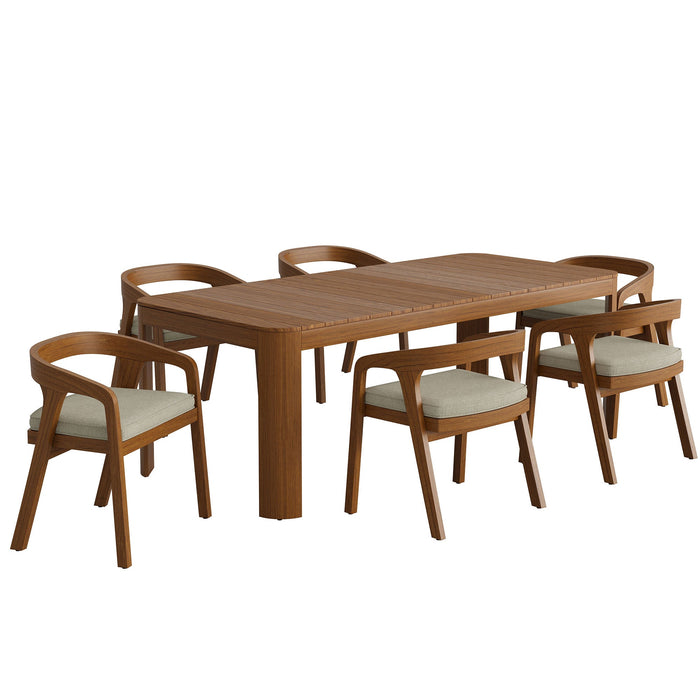 Modway Kona 7-Piece Outdoor Teak Wood Dining Set in Sand - front view
