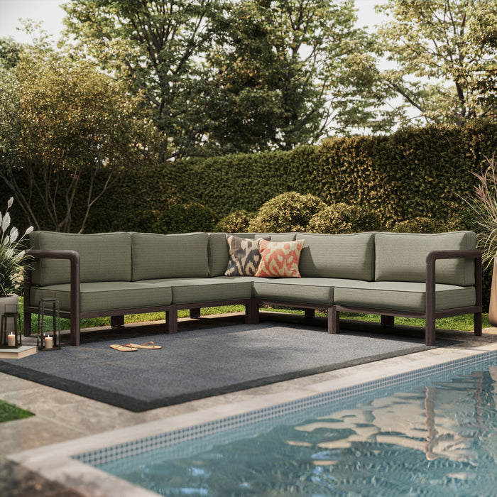 Modway Kona 5-Piece Outdoor Teak Wood Corner Modular Sofa in Ash - side view