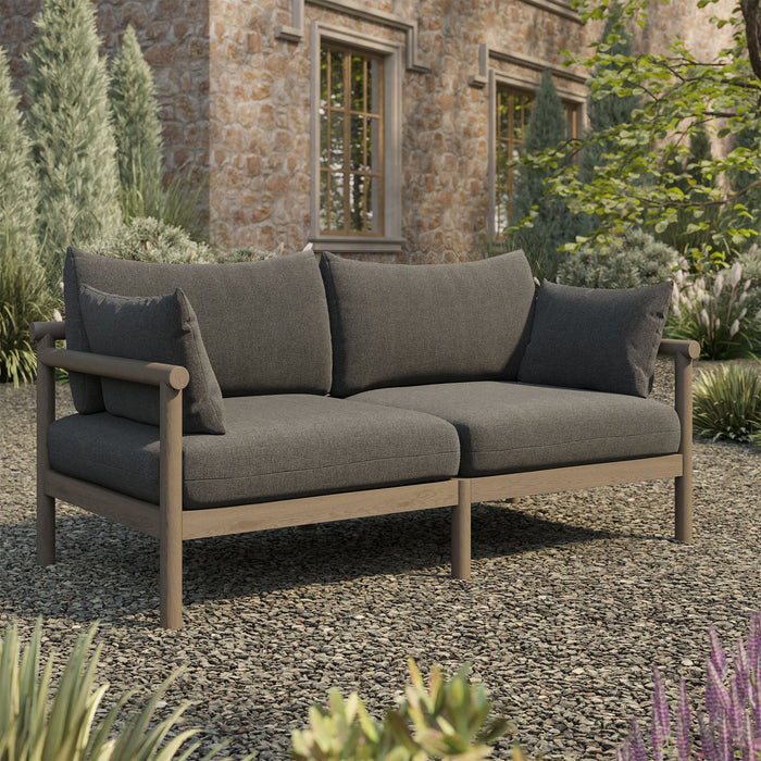 Modway Eleni Outdoor Teak Wood Loveseat in Weathered Gray Flint - lifestyle view 19