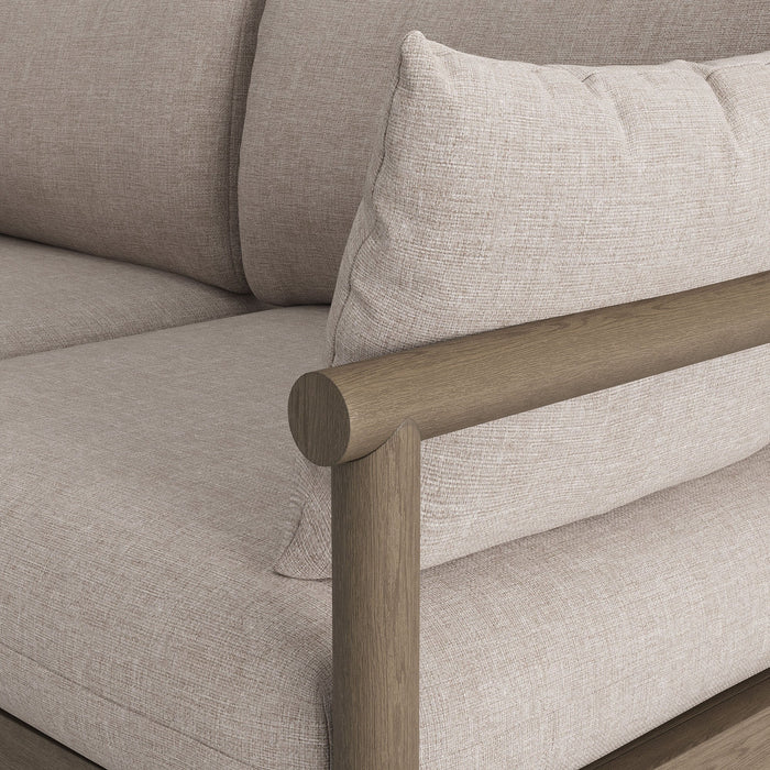 Modway Eleni Outdoor Teak Wood Loveseat in Weathered Gray Pebble - lifestyle view