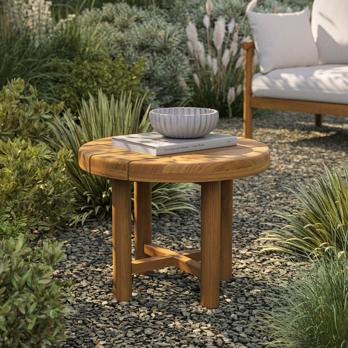 Modway Eleni 20-Inch Round Outdoor Teak Wood Side Table in Natural - lifestyle view 12