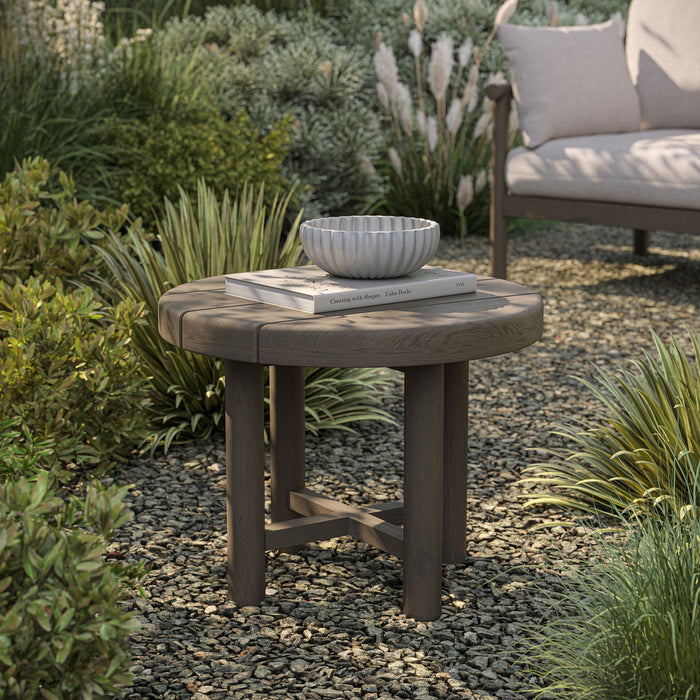Modway Eleni 20-Inch Round Outdoor Teak Wood Side Table in Weathered Gray Teak - lifestyle view 11