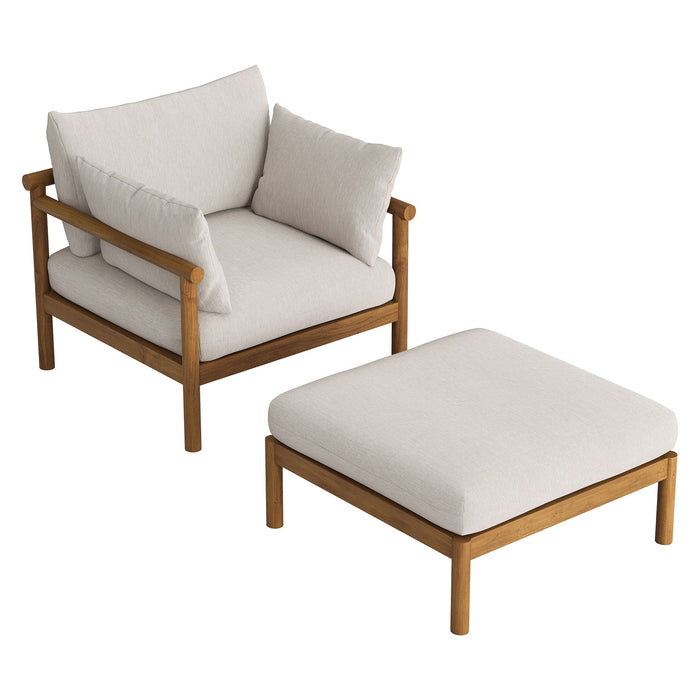 Modway Eleni 2-Piece Outdoor Teak Wood Armchair and Ottoman Set in Natural Sail - front view