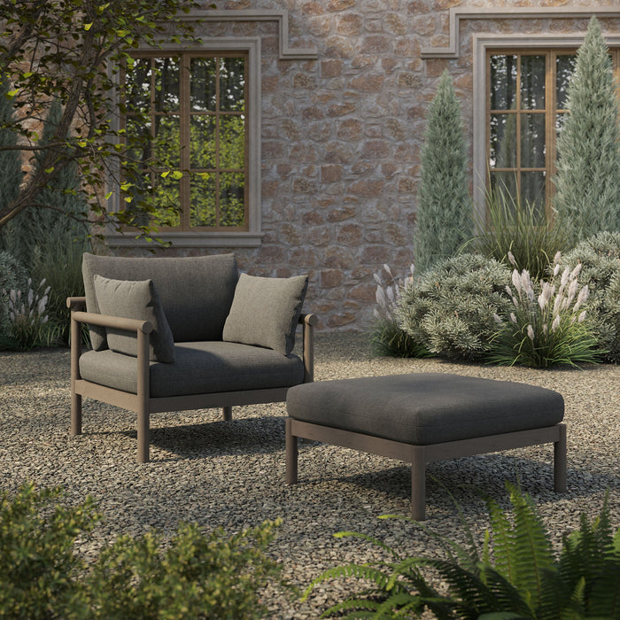 Modway Eleni 2-Piece Outdoor Teak Wood Armchair and Ottoman Set in Weathered Gray Flint - angled view
