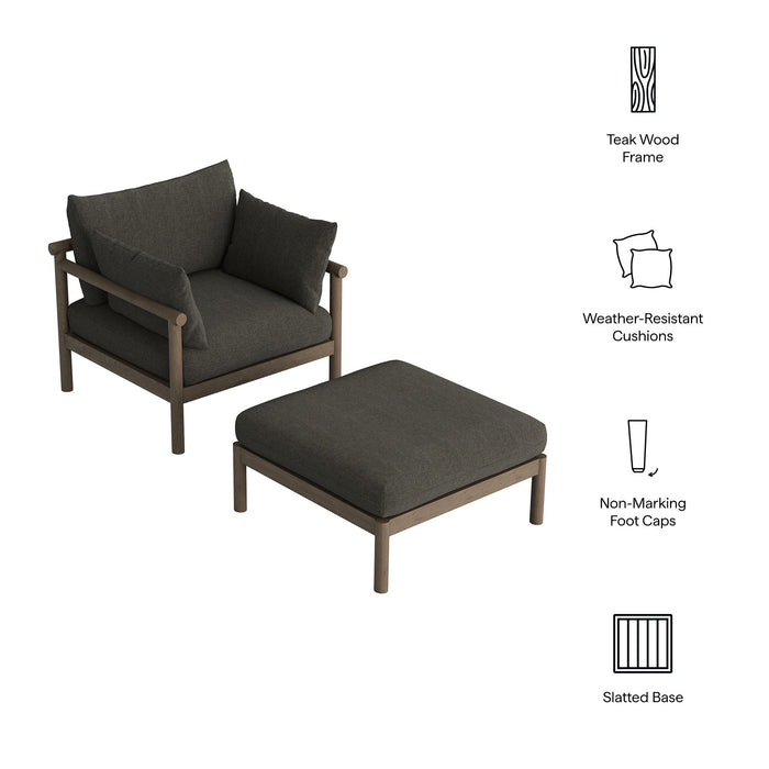 Modway Eleni 2-Piece Outdoor Teak Wood Armchair and Ottoman Set in Weathered Gray Flint - dimensions and specifications