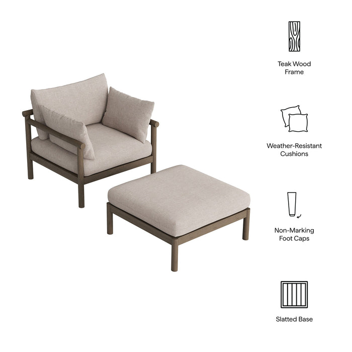 Modway Eleni 2-Piece Outdoor Teak Wood Armchair and Ottoman Set in Weathered Gray Pebble - dimensions and specifications