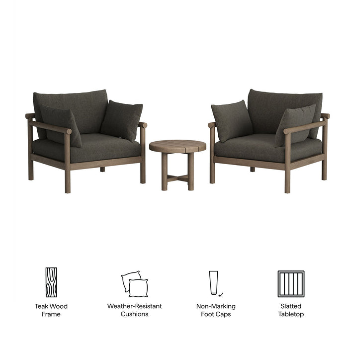 Modway Eleni 3-Piece Outdoor Teak Wood Furniture Set in Weathered Gray Flint - dimensions and specifications