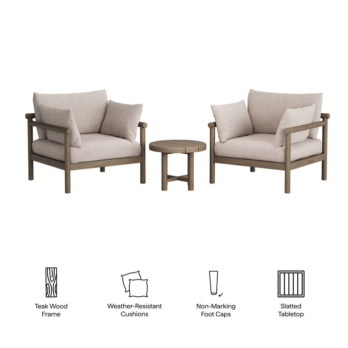 Modway Eleni 3-Piece Outdoor Teak Wood Furniture Set in Weathered Gray Pebble - dimensions and specifications