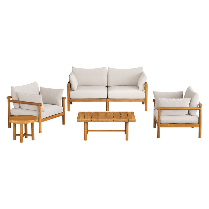 Modway Eleni 5-Piece Outdoor Teak Wood Furniture Set in Natural Sail - front view