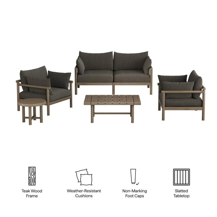 Modway Eleni 5-Piece Outdoor Teak Wood Furniture Set in Weathered Gray Flint - dimensions and specifications