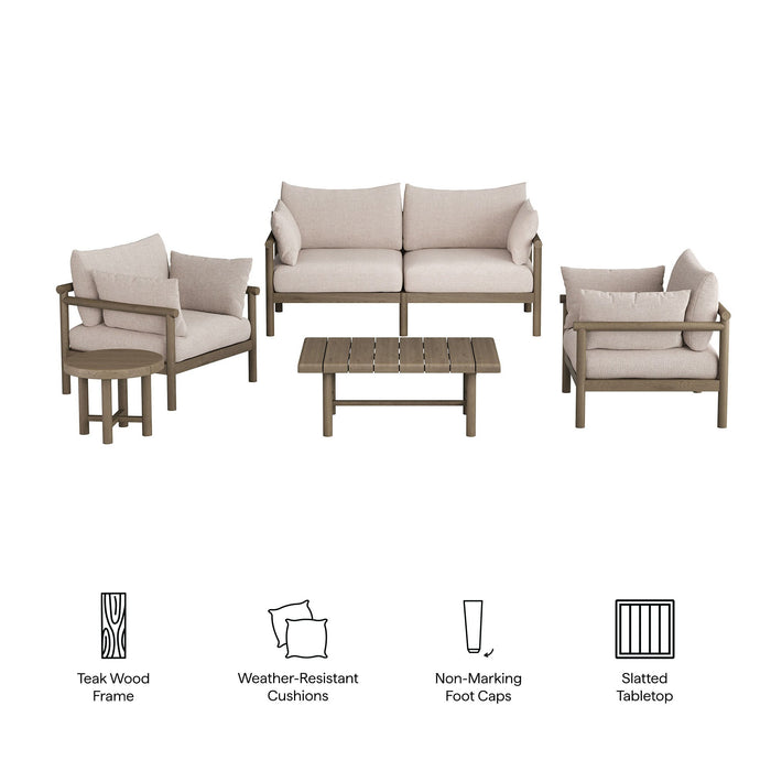 Modway Eleni 5-Piece Outdoor Teak Wood Furniture Set in Weathered Gray Pebble - dimensions and specifications