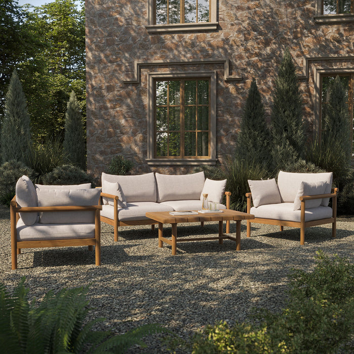 Modway Eleni 4-Piece Outdoor Teak Wood Sofa Set in Natural Sail - angled view