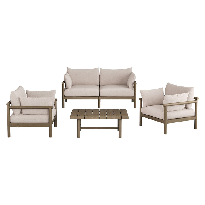 Modway Eleni 4-Piece Outdoor Teak Wood Sofa Set in Weathered Gray Pebble - front view