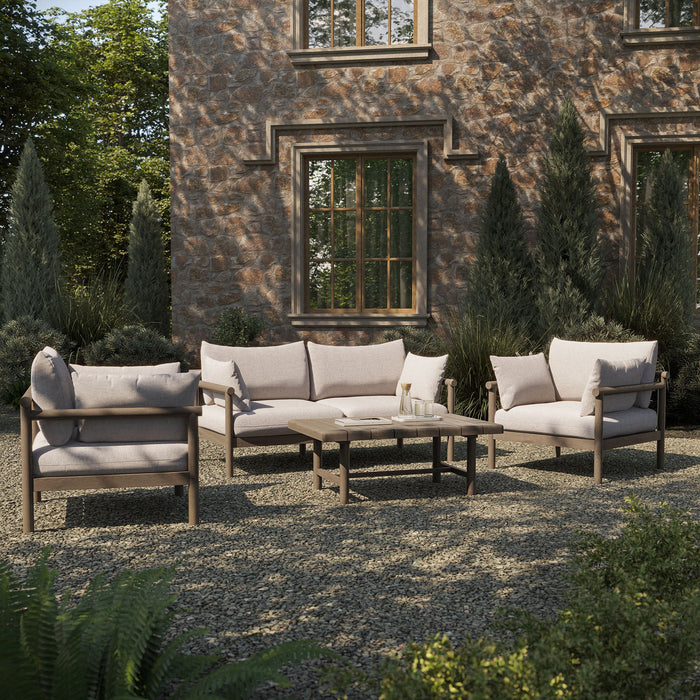 Modway Eleni 4-Piece Outdoor Teak Wood Sofa Set in Weathered Gray Pebble - angled view