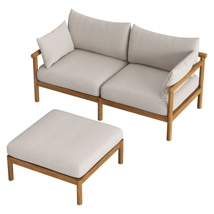Modway Eleni 2-Piece Outdoor Teak Wood Loveseat with Ottoman Set in Natural Sail - front view