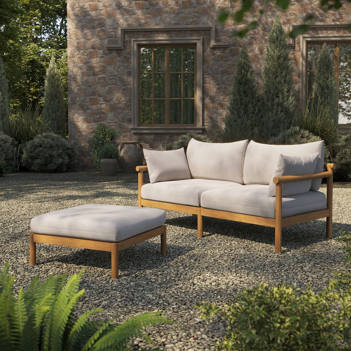 Modway Eleni 2-Piece Outdoor Teak Wood Loveseat with Ottoman Set in Natural Sail - angled view