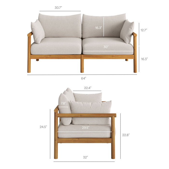 Modway Eleni 2-Piece Outdoor Teak Wood Loveseat with Ottoman Set in Natural Sail - dimensions and specifications 29