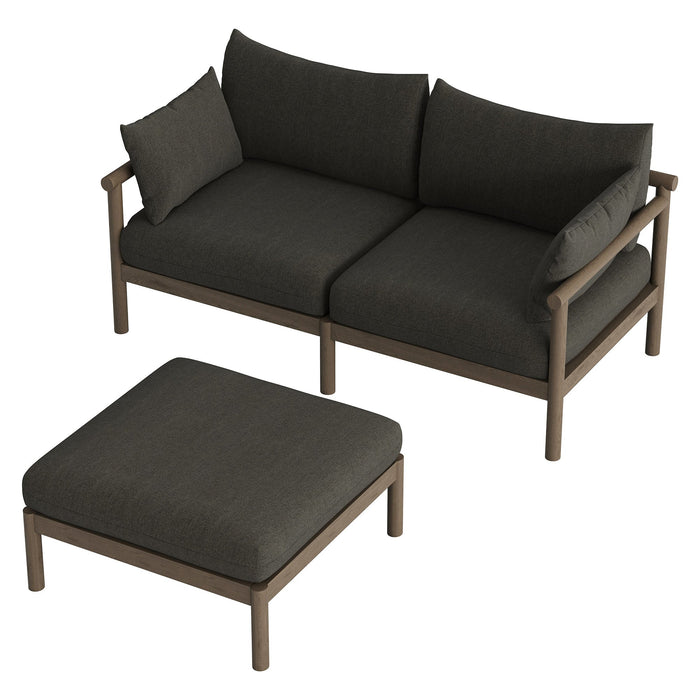 Modway Eleni 2-Piece Outdoor Teak Wood Loveseat with Ottoman Set in Weathered Gray Flint - front view