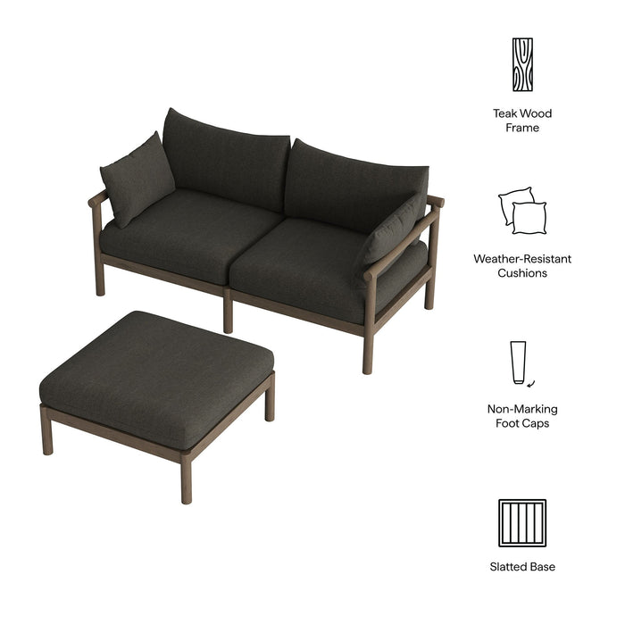 Modway Eleni 2-Piece Outdoor Teak Wood Loveseat with Ottoman Set in Weathered Gray Flint - dimensions and specifications