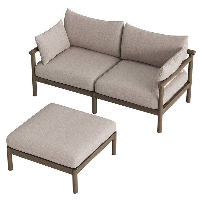 Modway Eleni 2-Piece Outdoor Teak Wood Loveseat with Ottoman Set in Weathered Gray Pebble - front view