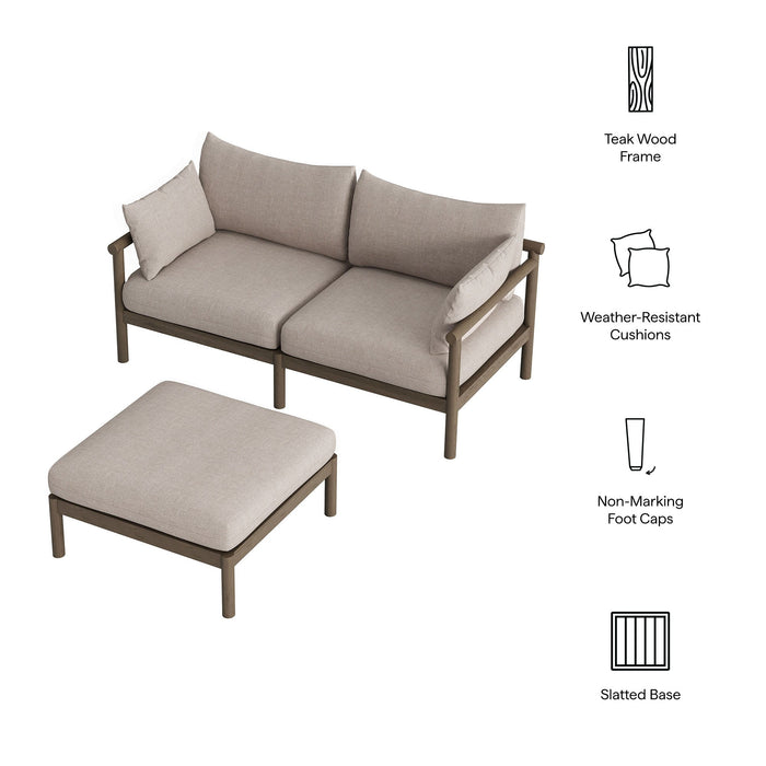 Modway Eleni 2-Piece Outdoor Teak Wood Loveseat with Ottoman Set in Weathered Gray Pebble - dimensions and specifications