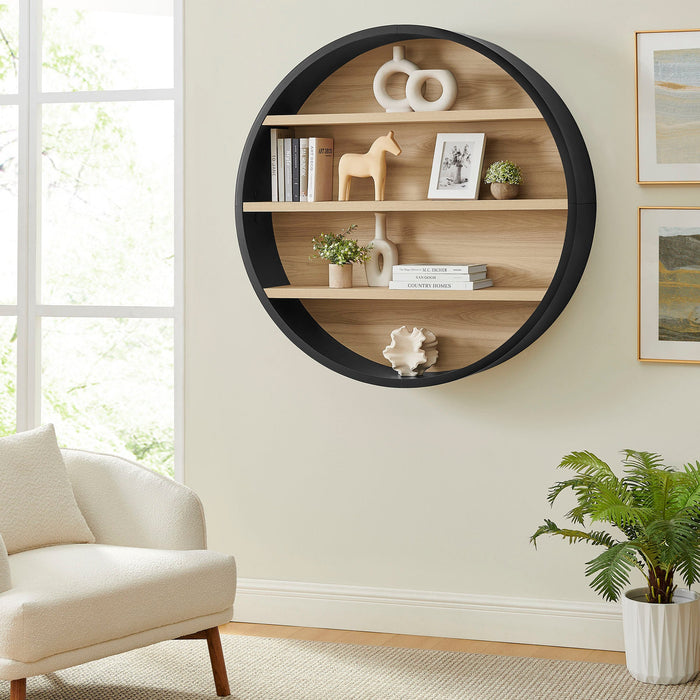 Romy 47" Round Wall Book Shelf Black Natural