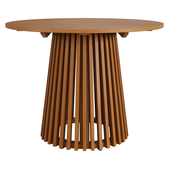 Modway Lane 39 Inch Round Outdoor Teak Wood Dining Table in Natural - angled view