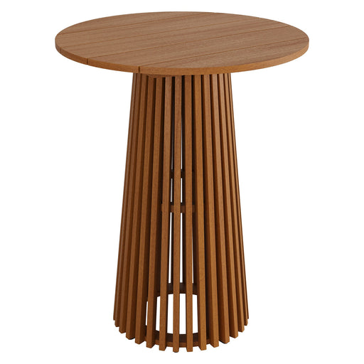 Modway Lane 31 Inch Round Outdoor Teak Wood Bar Table in Natural - angled view