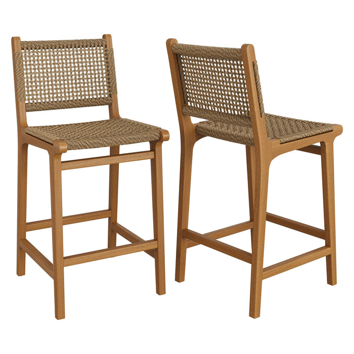 Modway Rowe Outdoor Teak Wood Counter Chairs Set of 2 in Natural - front view