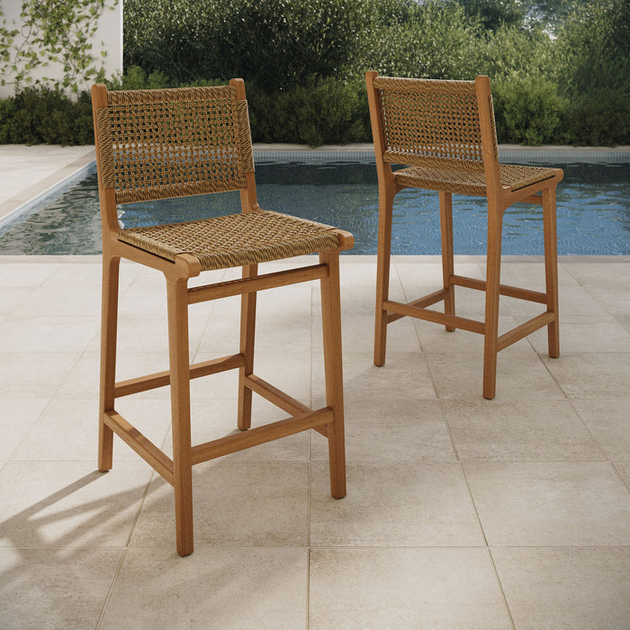 Modway Rowe Outdoor Teak Wood Counter Chairs Set of 2 in Natural - lifestyle view 8