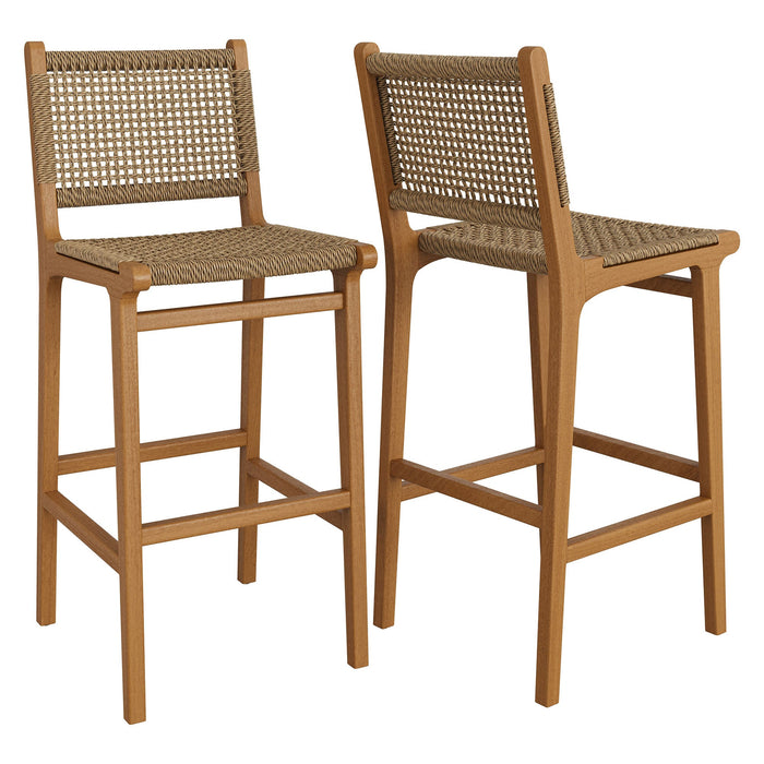Modway Rowe Outdoor Teak Wood Bar Chairs Set of 2 in Natural - front view