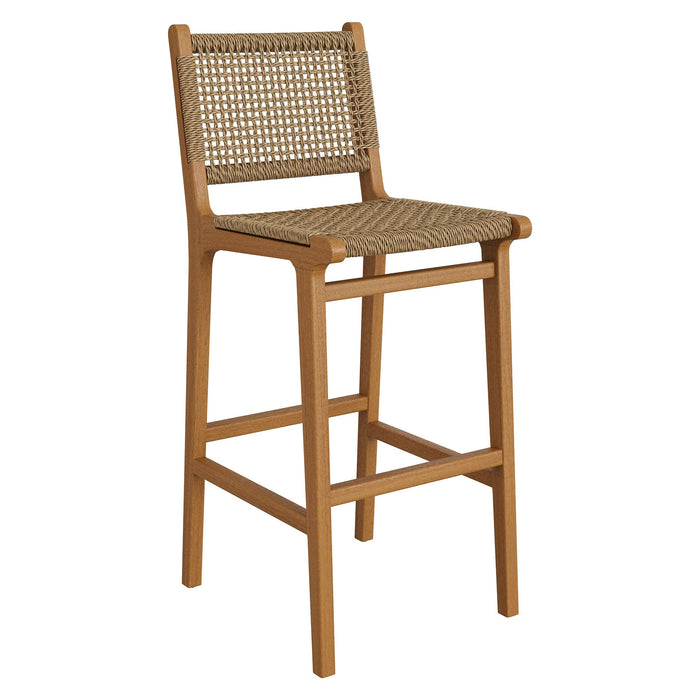 Modway Rowe Outdoor Teak Wood Bar Chairs Set of 2 in Natural - angled view