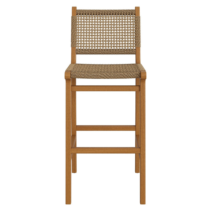 Modway Rowe Outdoor Teak Wood Bar Chairs Set of 2 in Natural - lifestyle view
