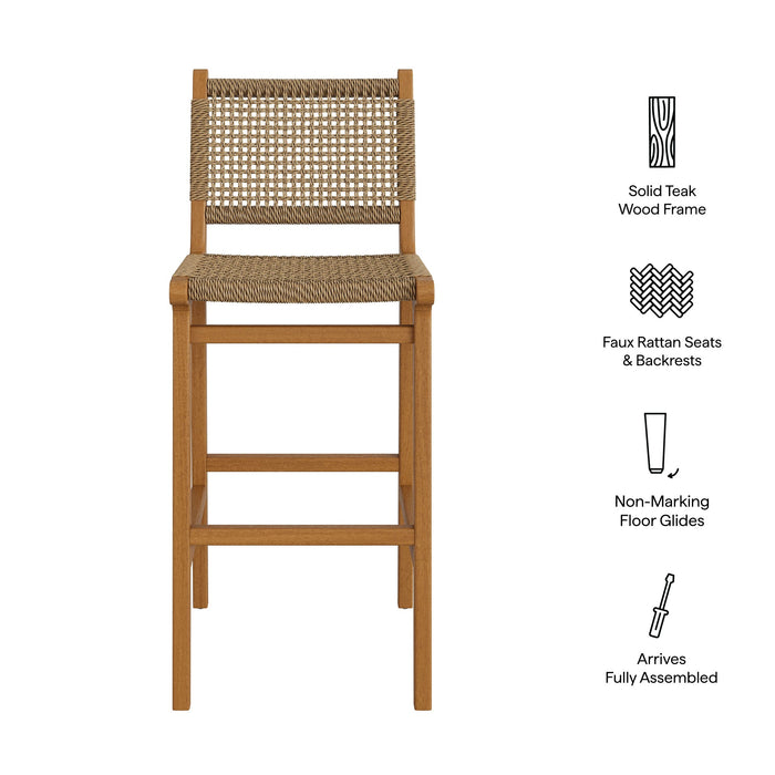 Modway Rowe Outdoor Teak Wood Bar Chairs Set of 2 in Natural - dimensions and specifications