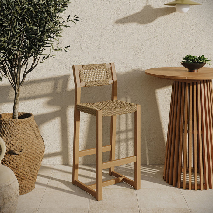 Modway Reed 44 Inch Outdoor Outdoor Teak Wood Rattan Bar Stool in Natural - lifestyle view 7