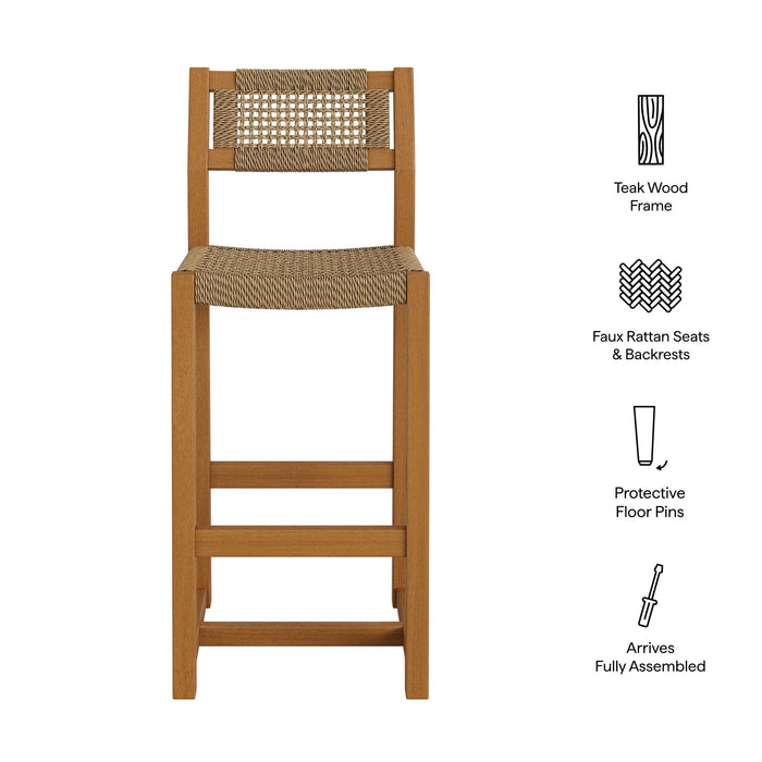 Modway Reed 44 Inch Outdoor Outdoor Teak Wood Rattan Bar Stool in Natural - dimensions and specifications