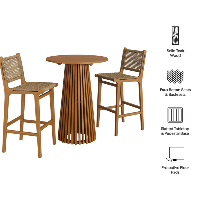 Modway Rowe 3-Piece Outdoor Teak Wood Bar Set in Natural - dimensions and specifications