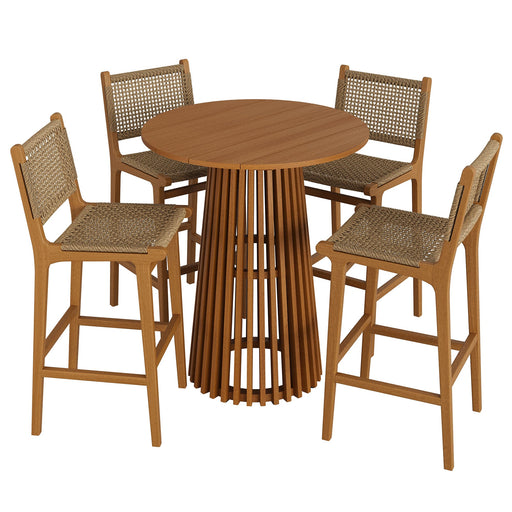 Modway Rowe 5-Piece Outdoor Teak Wood Bar Set in Natural - front view