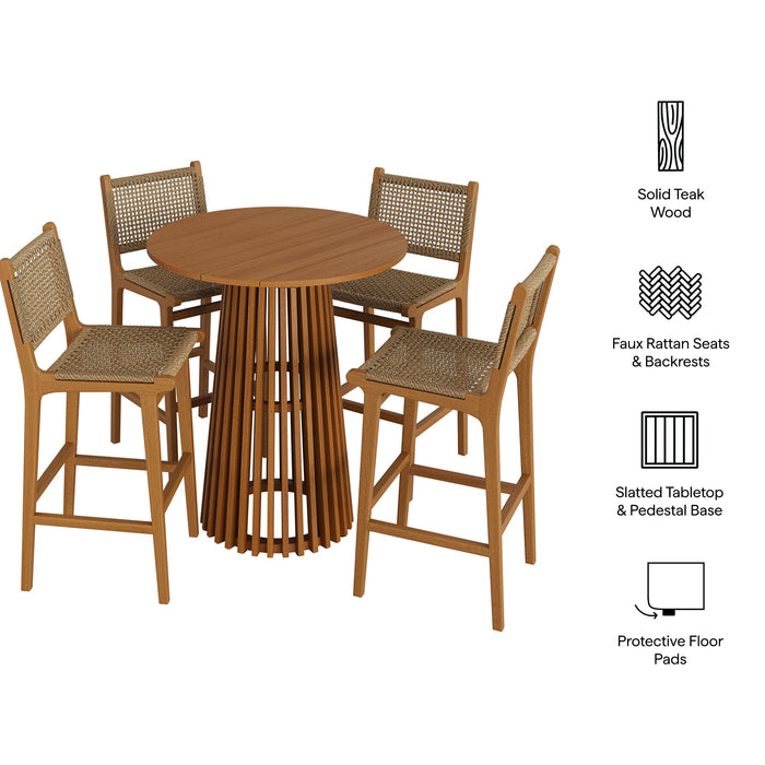 Modway Rowe 5-Piece Outdoor Teak Wood Bar Set in Natural - dimensions and specifications