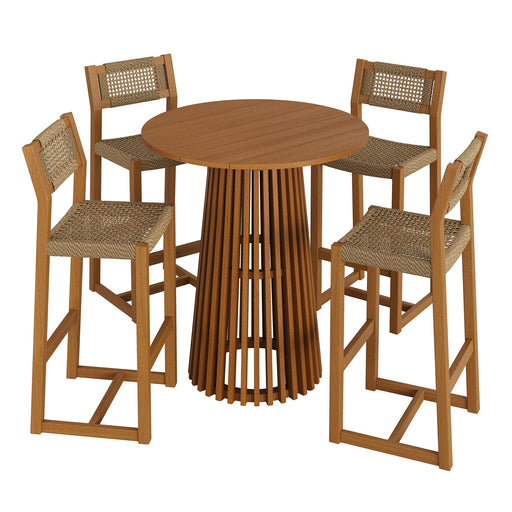 Modway Reed 5-Piece Outdoor Teak Wood Bar Set in Natural - front view
