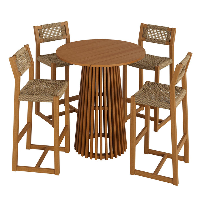 Modway Reed 5-Piece Outdoor Teak Wood Bar Set in Natural - front view