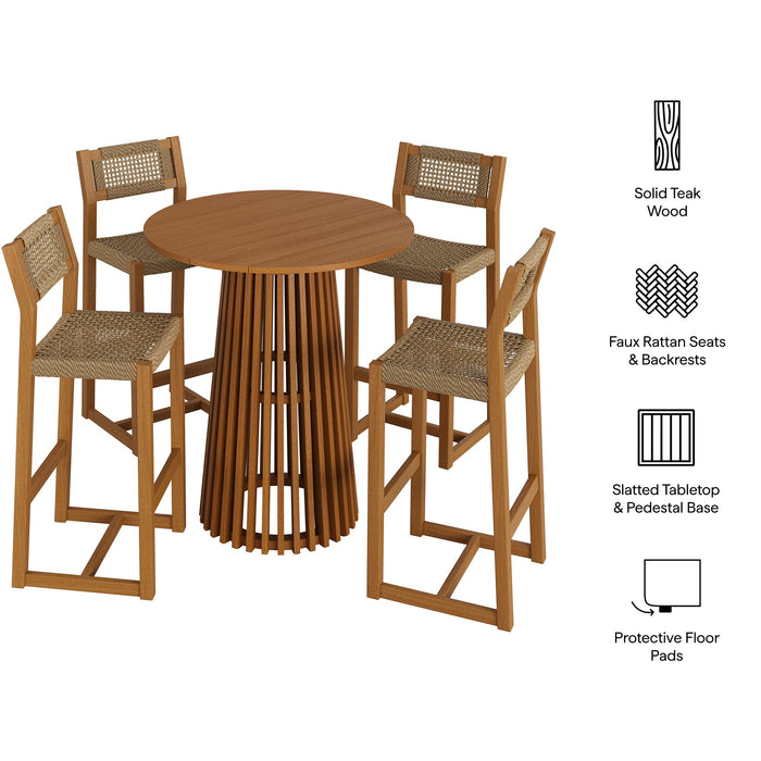 Modway Reed 5-Piece Outdoor Teak Wood Bar Set in Natural - dimensions and specifications