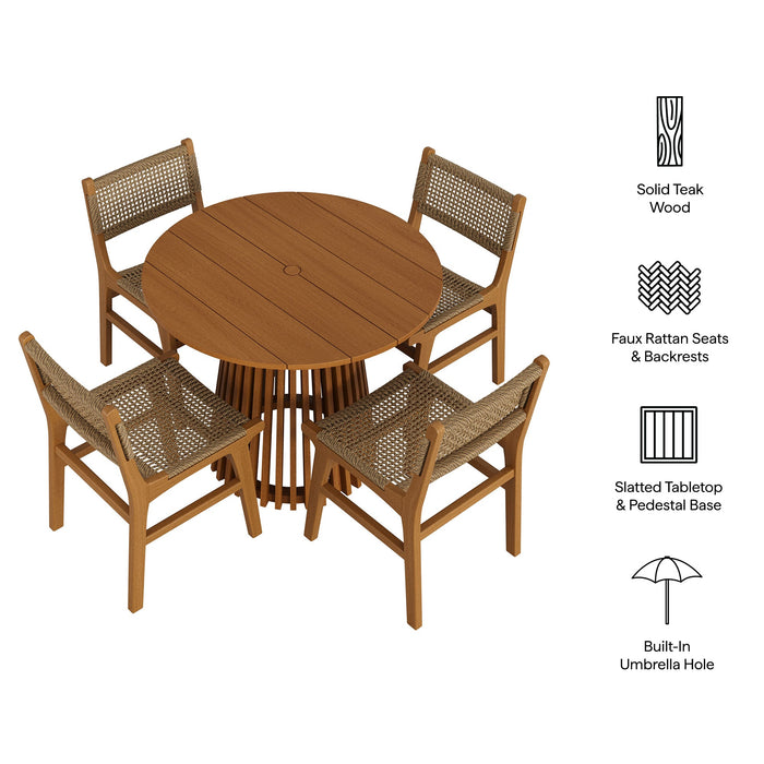 Modway Rowe 5-Piece Outdoor Teak Wood Dining Set in Natural - dimensions and specifications