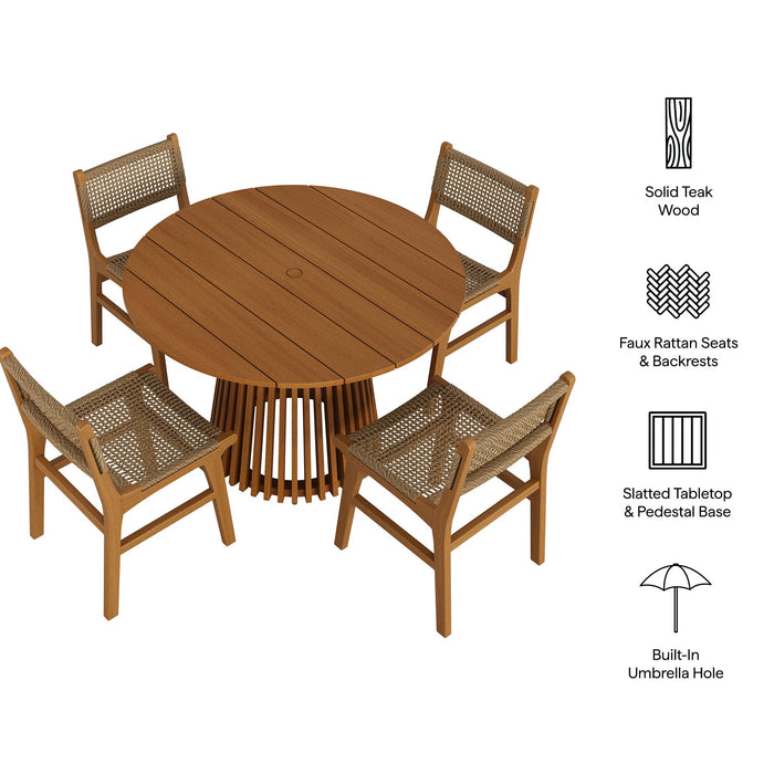 Modway Rowe 5-Piece Outdoor Teak Wood Dining Set in Natural - dimensions and specifications